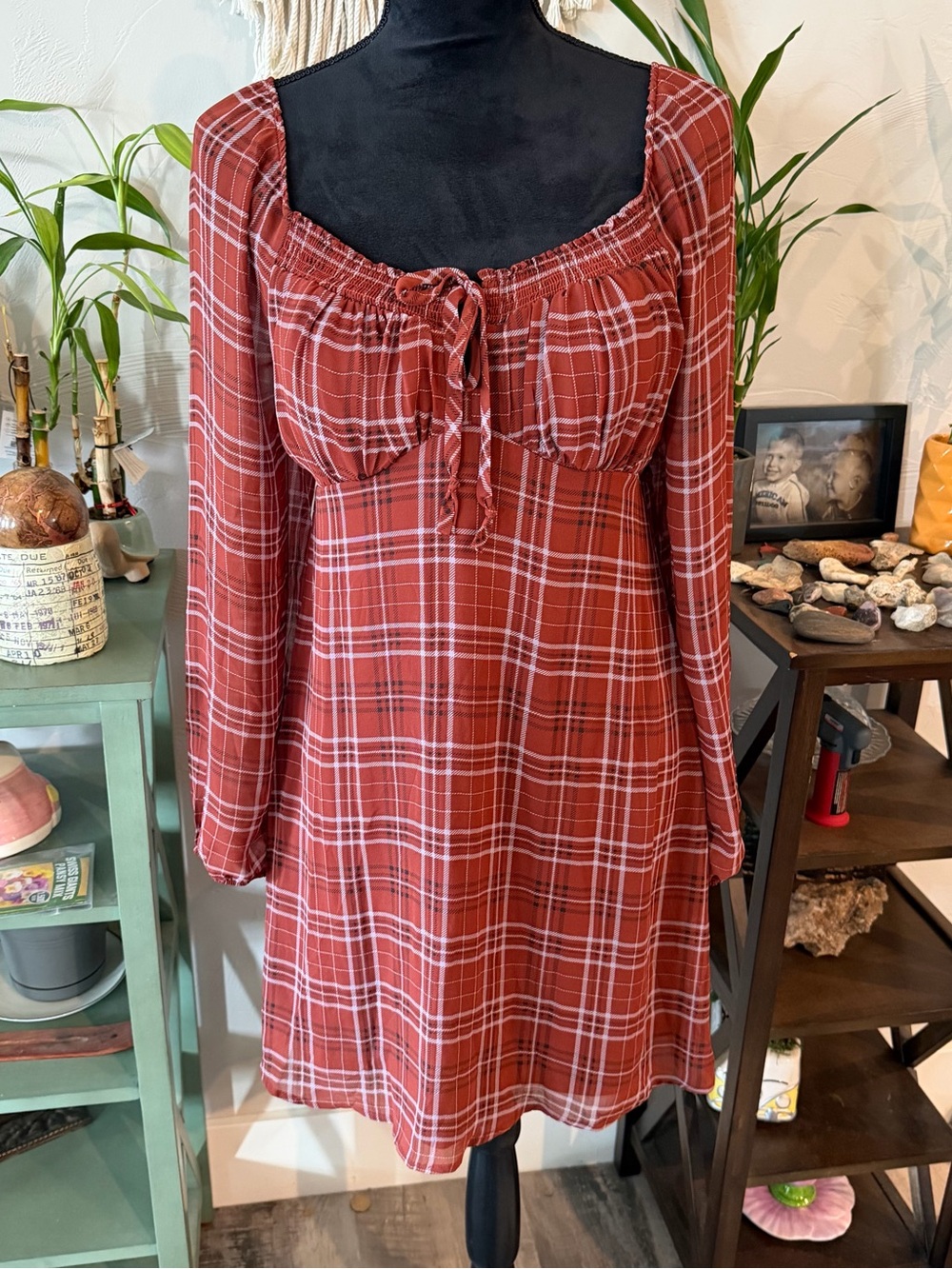 NWT’s Rust Plaid Long-Sleeve Off the shoulder Fall Dress - Women